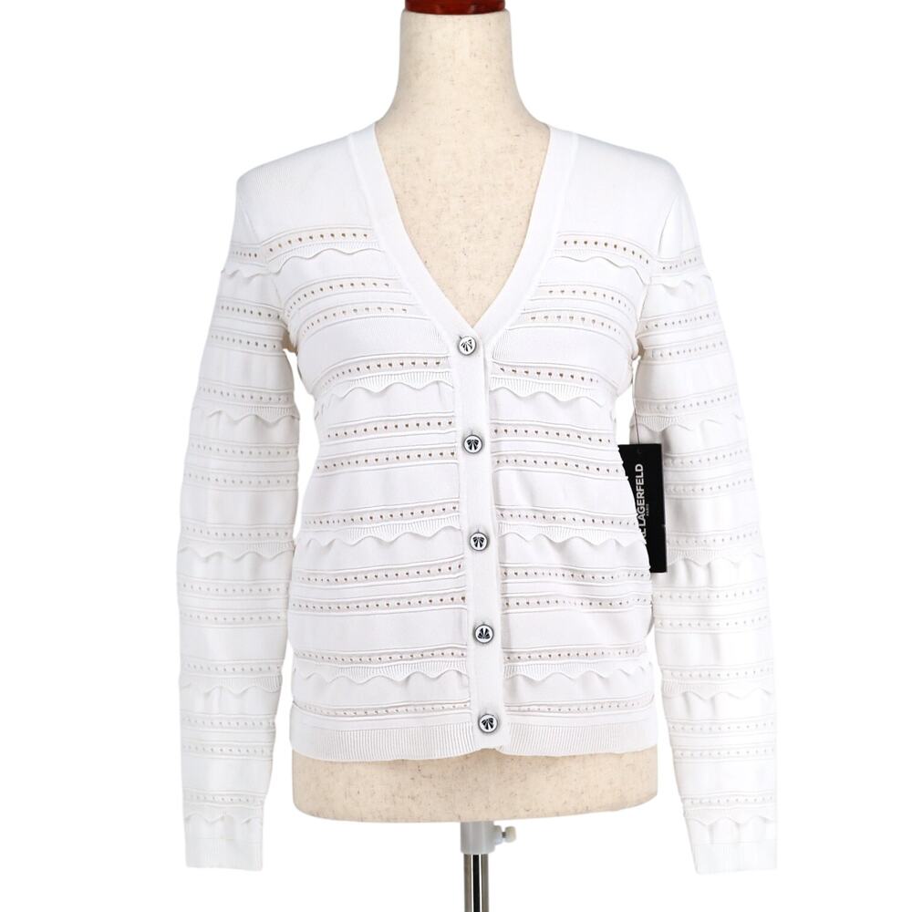 Karl Lagerfeld Paris Women White Rib Knit Rayon Scalloped-Trim Cardigan Size XS